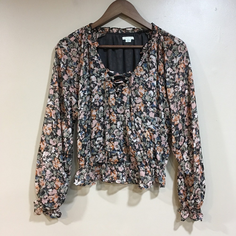 American Eagle Dark Floral Peasant Blouse Womens S Romantic Feminine Fairy Sheer